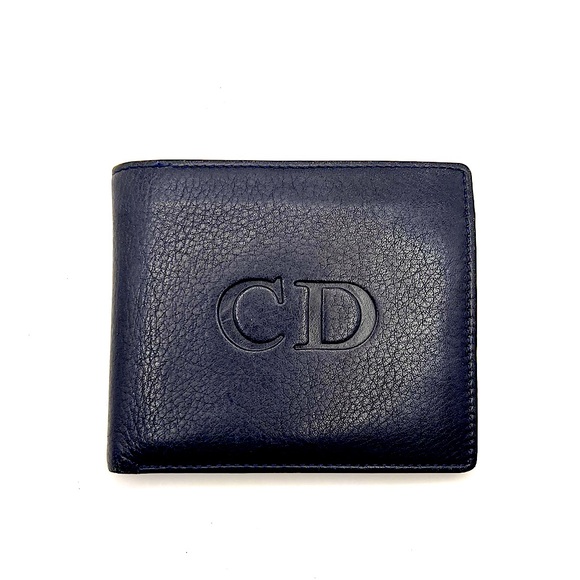 Authentic Christian Dior Dark Navy & Red CD Embossed Leather Bifold Wallet EUC - Picture 1 of 8